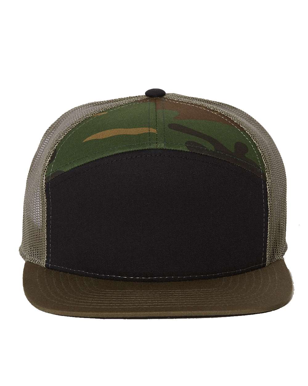 Richardson 168 Seven-Panel Trucker Hat – Black/Camo/Loden