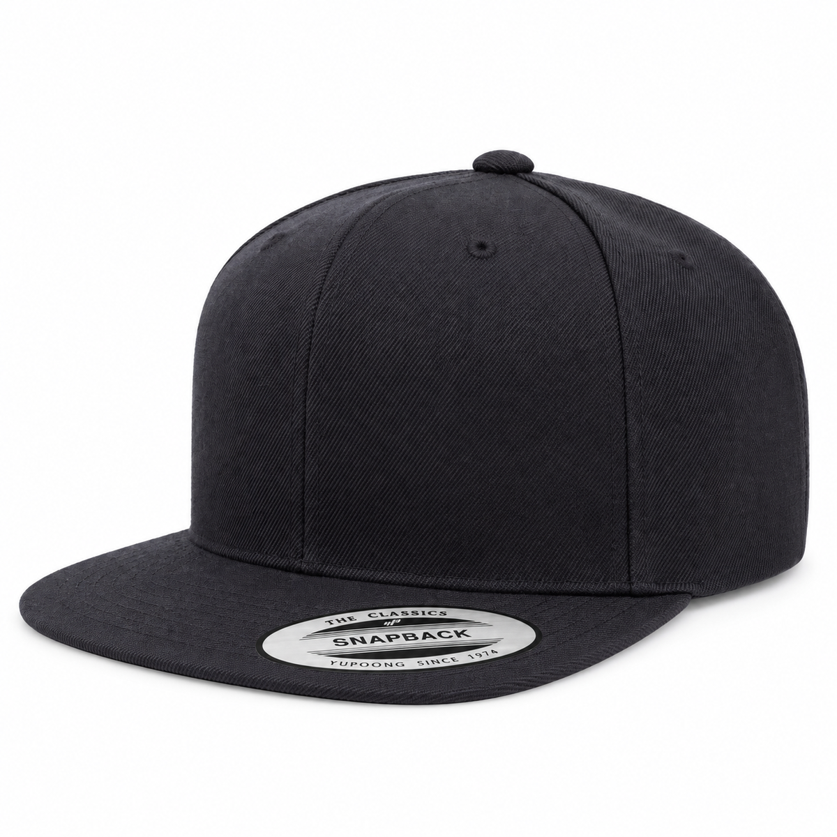 Black Yupoong 6089M premium flat-bill snapback hat